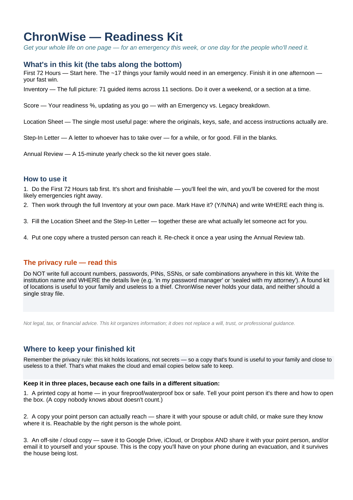Start Here + Step-In Letter tab of the ChronWise kit